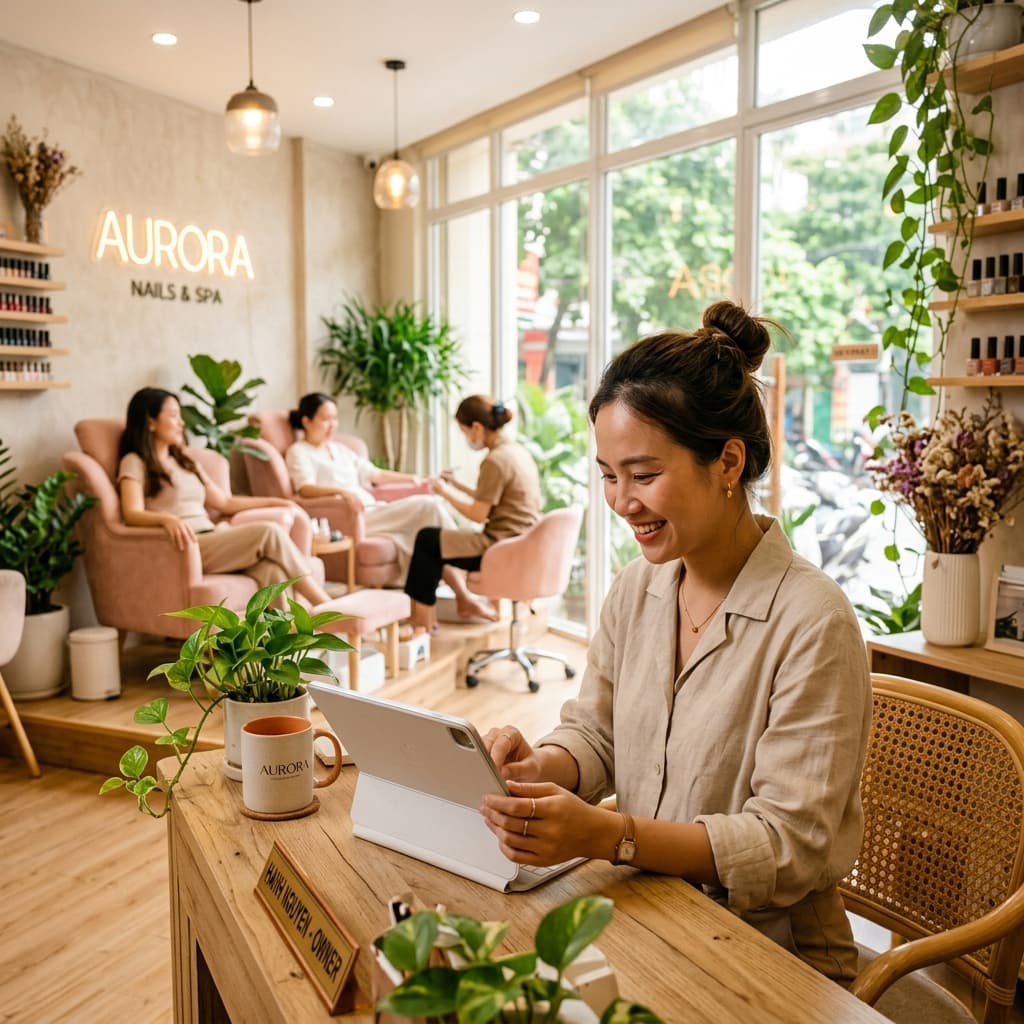 Chủ tiệm dùng QuanLyTiem.vn trên máy tính bảng